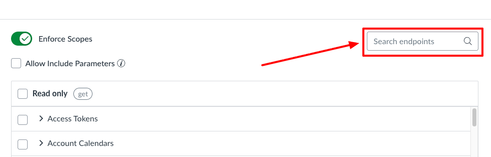Screenshot showing the search box in Canvas API key setup where you can paste endpoint scopes to find them quickly