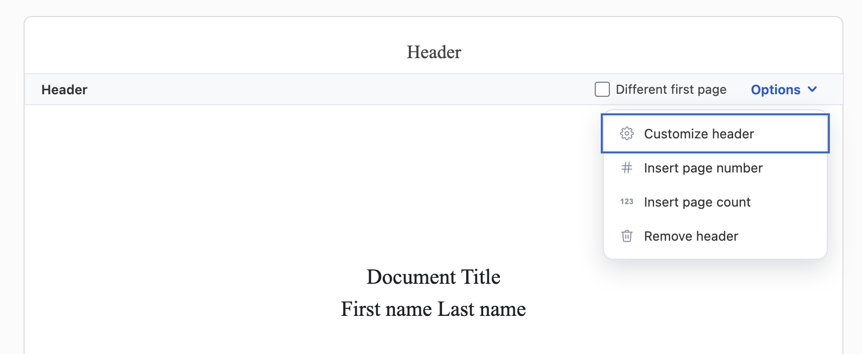 A page header set in a Rumi Docs document