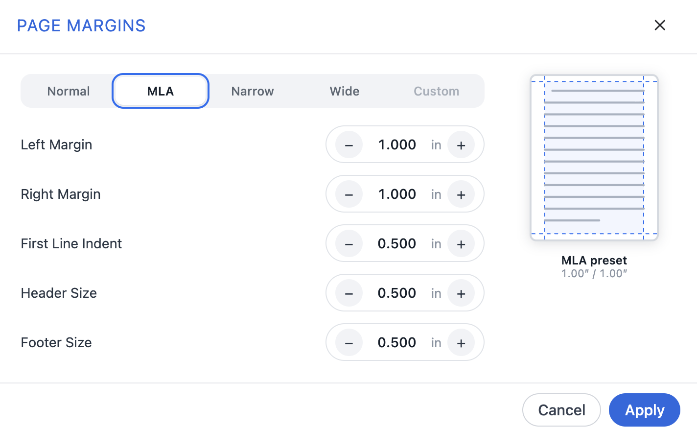 Page margin settings modal